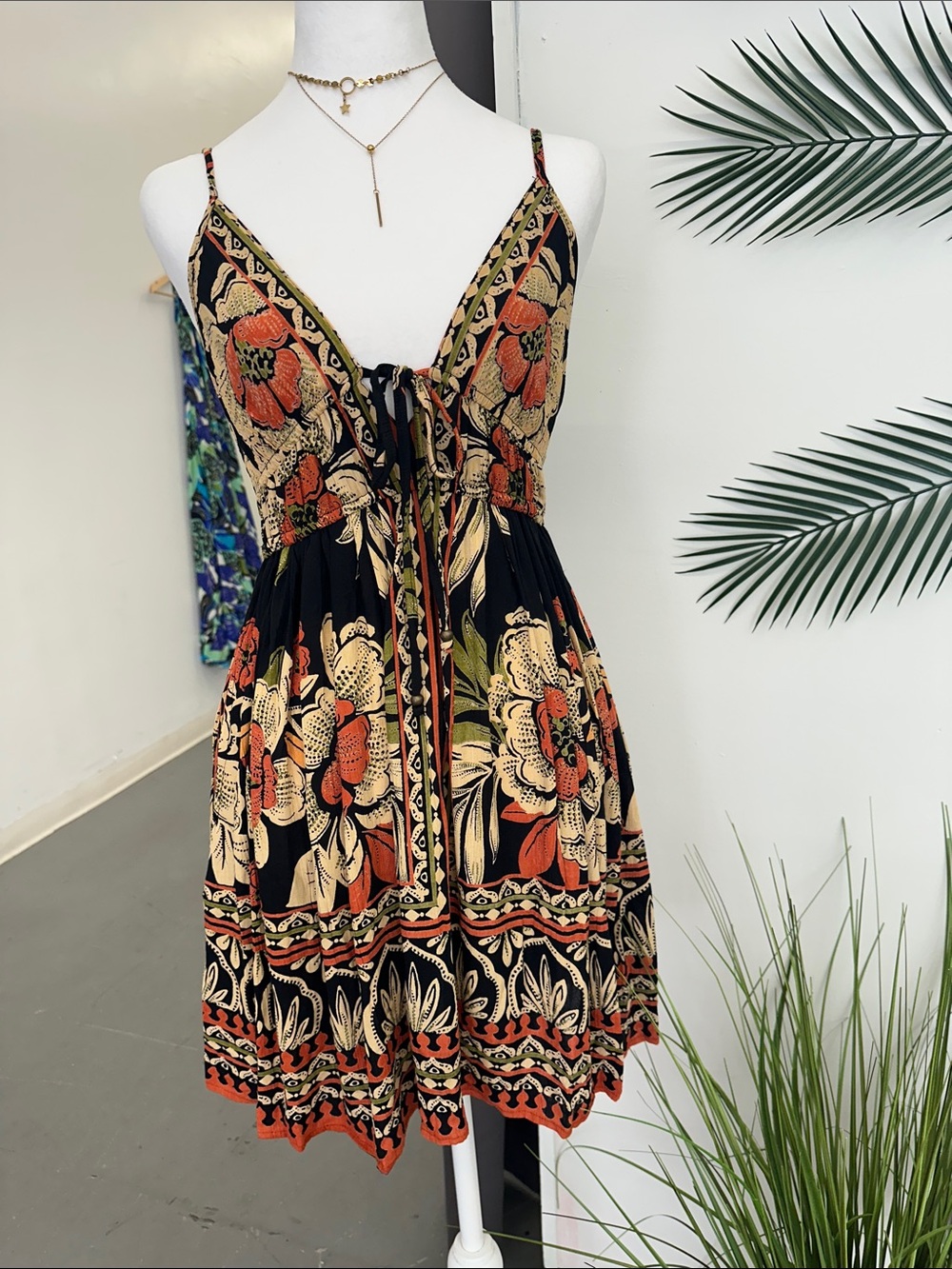 Angie Black Floral Tie-Front Mini Dress with Orange and Cream Blooms